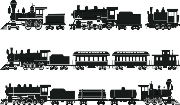 Vintage Steam Train Silhouette Collection with Passenger and Freight Railcars Black Vector Illustration Set for Railway Design