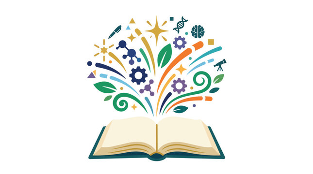 Stem knowledge exploding from an open book modern flat vector illustration for academic publishing and digital education platforms