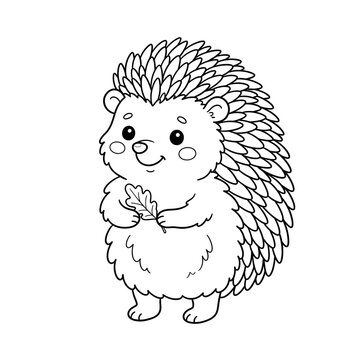 Cute cartoon hedgehog holding a small leaf, black and white line art vector illustration.
