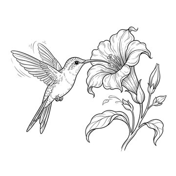 Hummingbird hovering near a flower, hand drawn ink sketch illustration on white background.