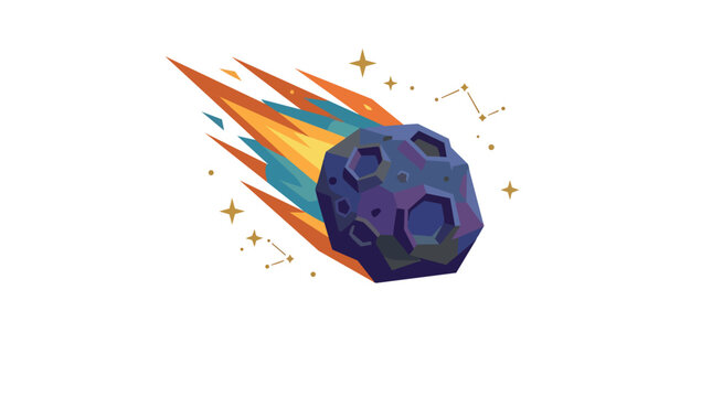 Falling flaming meteor burning asteroid in stylized flat vector for astronomy educational media and sci-fi gaming