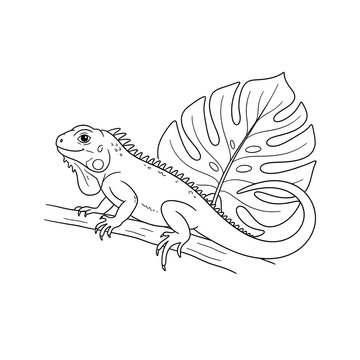 Black and white sketch of iguana resting beside large tropical leaf on white background