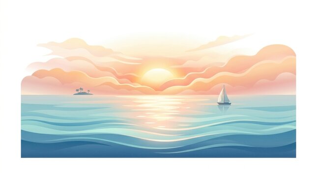 Sailboat at sunset on calm ocean with small island