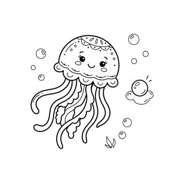 Cute cartoon jellyfish line art illustration for kids coloring page and creative design.