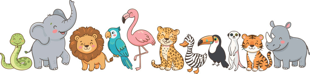 Naklejka premium Cute Wild Animal Collection with Elephant, Lion, Flamingo, Parrot, Leopard, Zebra, Toucan, Tiger and Rhino Cartoon Characters for Kids