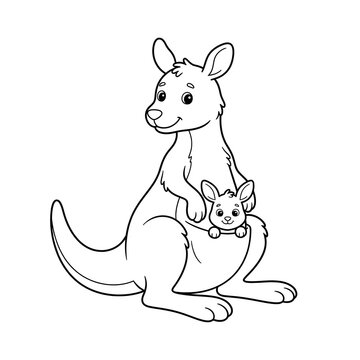 Cute kangaroo mother with baby joey in pouch line art drawing for kids coloring page.