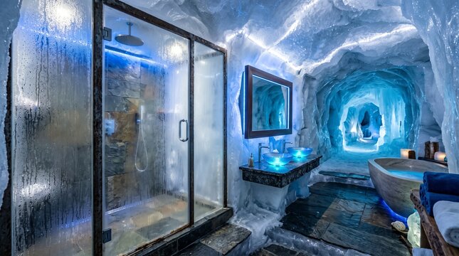 Futuristic ice cave bathroom featuring a modern glass shower and stone sinks with glowing blue light