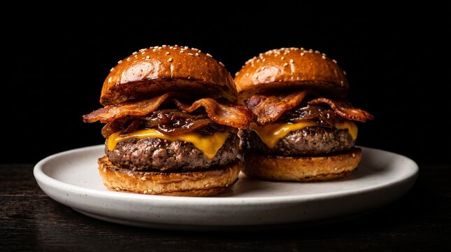 Two mini burgers with bacon and caramelized onions on a white plate