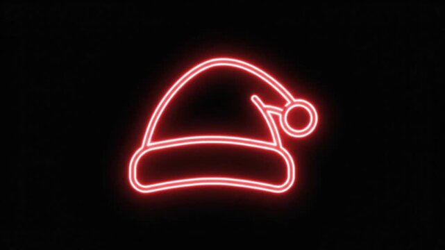 Neon Santa hat glowing red on black background, festive Christmas light animation, vibrant holiday headwear icon for winter celebrations