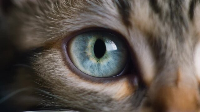 Extreme macro footage of a single adorable kitten eye with a soft innocent expression, natural feline anatomy for International Cat Day
