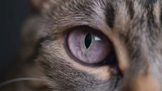 Extreme macro footage of a single cute relaxed cat eye, softly lowered almond-shaped feline anatomy for International Cat Day