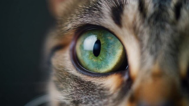 Extreme macro footage of a single adorable playful cat eye, expressive almond-shaped feline anatomy for International Cat Day