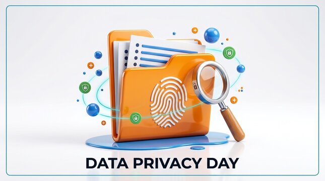 Data Privacy Security: Illustrating the concept of data privacy and digital security with a folder containing documents, a magnifying glass, a fingerprint, and abstract orbiting spheres.