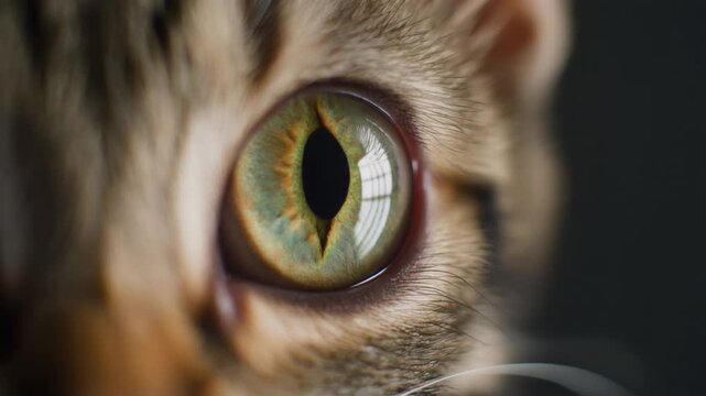Extreme macro footage of a single adorable kitten eye, unmistakable feline anatomy with a sharp pupil for International Cat Day