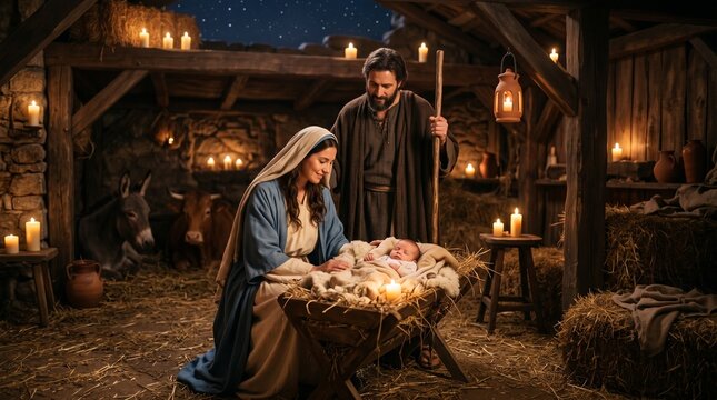 Nativity Scene: A serene depiction of the Holy Family in a humble stable, with Mary and Joseph gazing adoringly at the infant Jesus nestled in a manger, illuminated by the soft glow of candlelight.