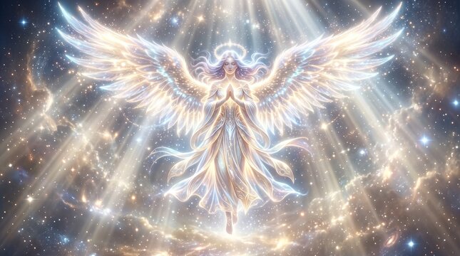 Divine Grace: An ethereal angelic figure descends amidst a celestial spectacle of divine light and shimmering cosmic dust, embodying peace and spiritual transcendence.