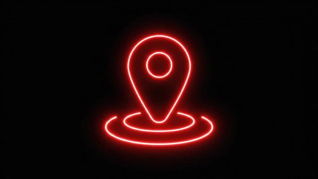 Neon red map pin icon glowing on black background. Vibrant location pointer symbol for digital navigation. Luminous GPS marker for travel and logistics.