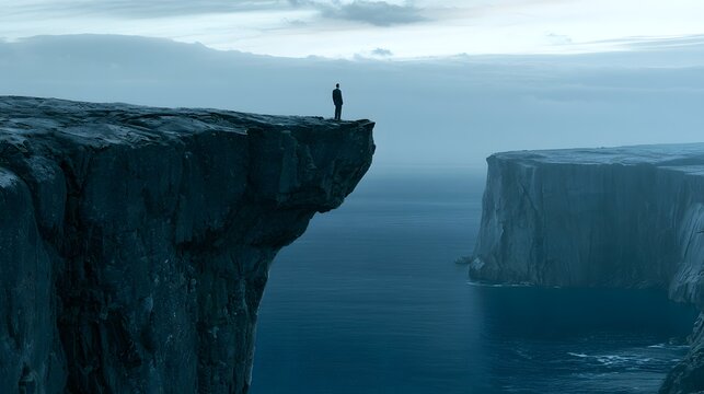Lone person standing on a high cliff facing a distant rock across a deep gap, challenge and risk concept for overcoming obstacles, courage, uncertainty, career goals, ambition and difficult decisions