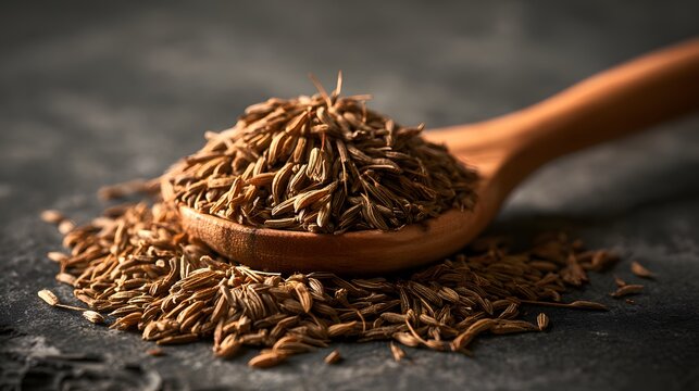 Whole cumin seeds piled in a wooden spoon on dark rustic surface, aromatic Indian spice and seasoning concept for cooking, traditional cuisine, herbal ingredients, food flavor and pantry staples