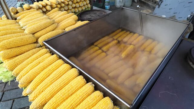 Cooking corn at street stand in warm weather