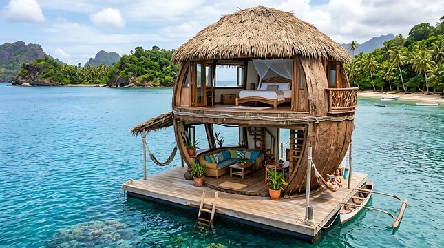 Luxury Tropical Bungalow Villa over Turquoise Lagoon Water on a Paradise Maldives Beach Ocean Resort