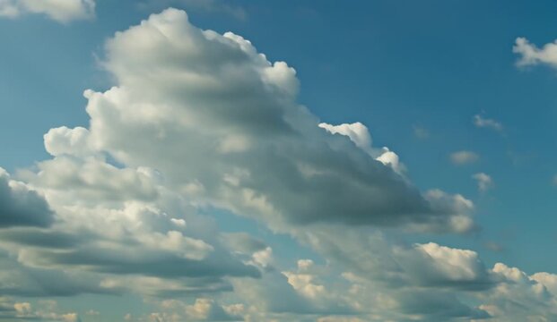 Voluminous white and soft-gray cloud formations billow naturally with detailed atmospheric textures, while warm golden sunlight illuminates their upper edges