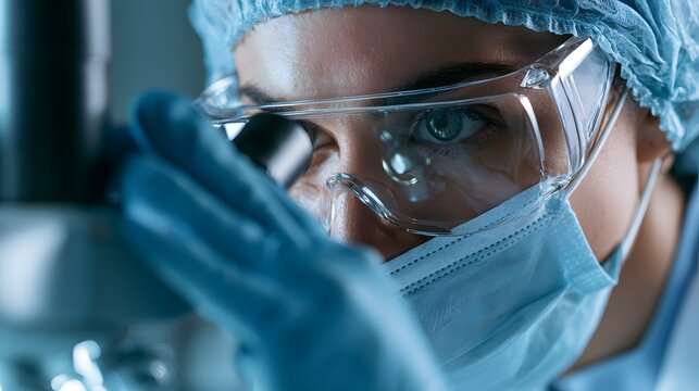 Laboratory scientist wearing safety goggles, mask and protective gloves during close-up research work, medical science concept for biotechnology, diagnostics, testing and sterile lab safety