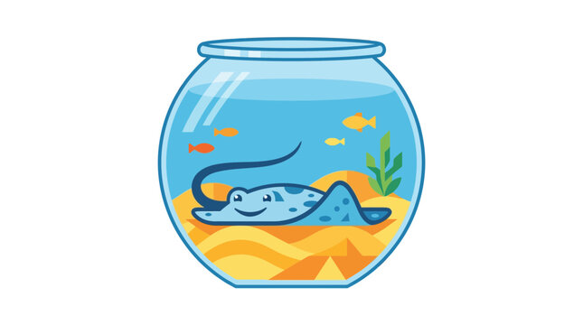 Cute Stingray in Fishbowl Vector Illustration