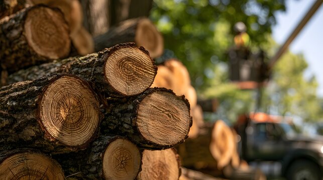 Freshly cut timber logs stacked beside forestry worker and vehicle outdoors, logging industry concept for wood harvesting, lumber production, forest management, natural resources and timber supply