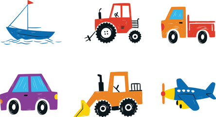 Naklejka premium Vehicle Transportation Collection, Flat Vector Illustration with Sailboat Tractors Trucks Cars and Airplane Designs