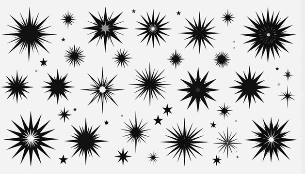 Set of Diverse Hand-Drawn Black Star Burst Vector Elements for Decorative Graphic Design Projects and Festive Illustration Embellishments