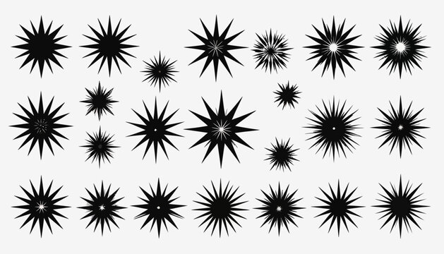 Collection of black starburst icons and sparkle shapes in various styles for graphic design assets and retro aesthetic elements
