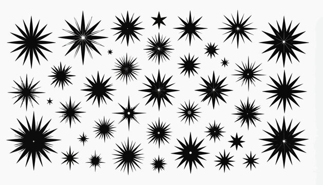 Set of black star burst shapes, comic sparks, and decorative sparkle elements for graphic design and vector art