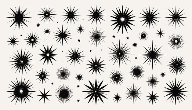 Vector collection of black starbursts, sparkles, and ray elements for decorative graphic design and cosmic effects