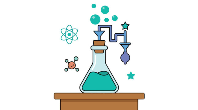 Chemical synthesis experiment with erlenmeyer flask and bubbling solution in clean flat vector illustration for biotechnology and stem learning