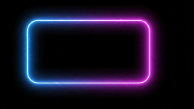 Neon glowing frame with blue and purple light. Futuristic rectangular border on black background. Vibrant electric line for digital signage and gaming.