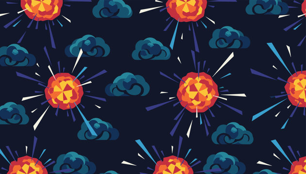 Seamless dark blue pattern displays a repeating design of exploding orange starbursts and swirling dark clouds.