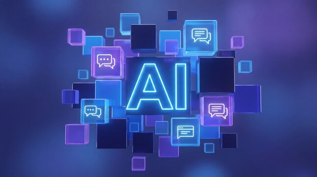 Artificial Intelligence concept with glowing neon AI text and digital chat bubble icons.