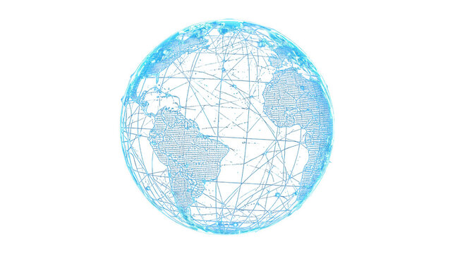 Digital blue globe with interconnected network lines representing global communication with network white background glowing blue wireframe with nodes