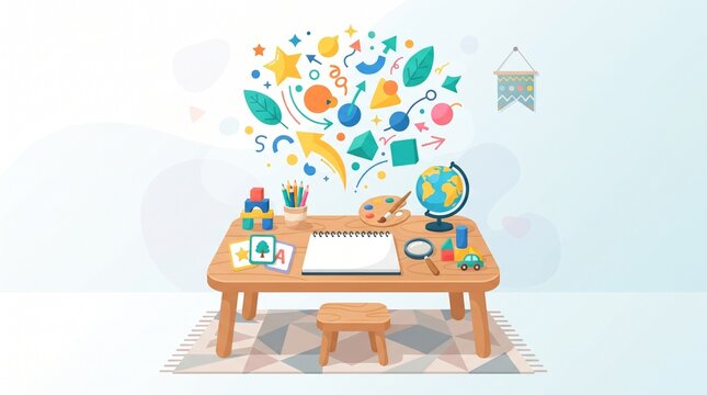 Children's creative learning workspace with sketchbook, colored pencils, building blocks and educational tools, clean flat design illustration for school and creativity