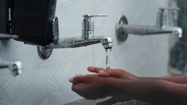 A child washes their hands under a chrome faucet at a basic washbasin in a rural school setting. The simple wall-mounted tap releases water over cupped hands in a students daily hygiene routine.