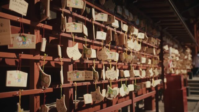 Hundreds of hand-written ema plaques, a traditional way of offering prayers and wishes at Shinto shrines, hang in rows at Tsurugaoka Hachiman-gū, one of Kamakura's most visited religious sites.