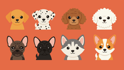 Obraz premium Cute collection of eight adorable cartoon dog breed portraits are showcased on a solid orange background.