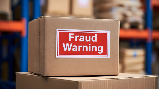 Cardboard shipping box with a red fraud warning label sitting on warehouse shelves, online shopping scam, parcel delivery fraud, counterfeit goods, e-commerce security risk and consumer protection