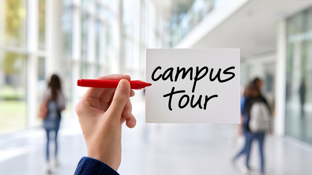 Hand holding red pen writing campus tour text on a white card with blurred modern university building and students walking in the background, higher education, college open day and admission guidance