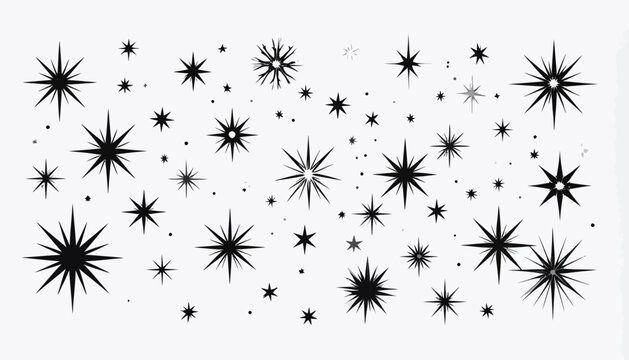 A collection of black star shapes and sparkles of various sizes scattered on a white background, creating a festive and decorative pattern.