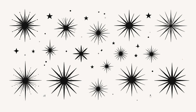 Collection of black starburst and sparkle icons in various sizes, featuring a retro mid-century modern design on a light background.