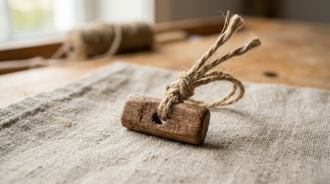 Rustic wooden toggle button with decorative green cord isolated on a clean white background for fashion and craft design