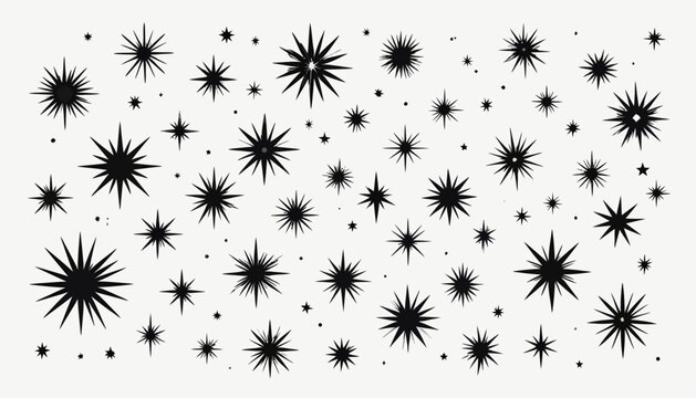 A collection of black starbursts and sparkles of various sizes scattered across a light background, creating a decorative pattern.