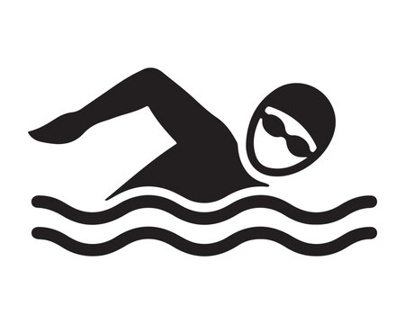 Swimmer silhouette with goggles swimming freestyle in water waves
